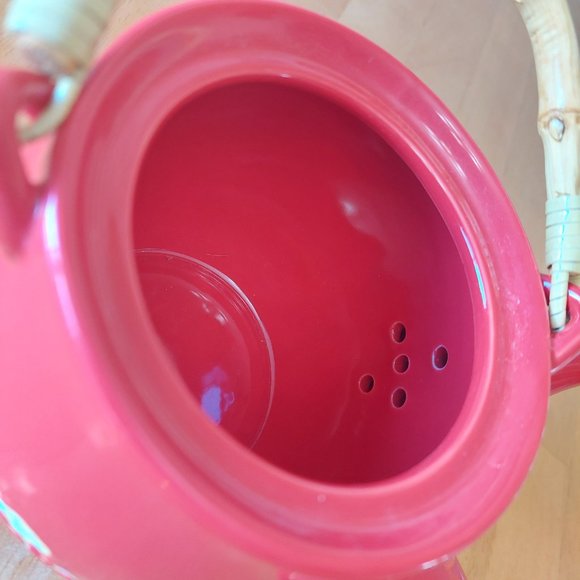 Red teapot with cherry blossom design in white with tan accent bamboo handle - Picture 9 of 12